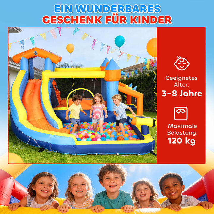 8-i-1 oppusteligt slot med blæser, rutsjebane, børnebassin, trampolin og klatrevæg til indendørs og udendørs brug, 350x325x210cm, flerfarvet