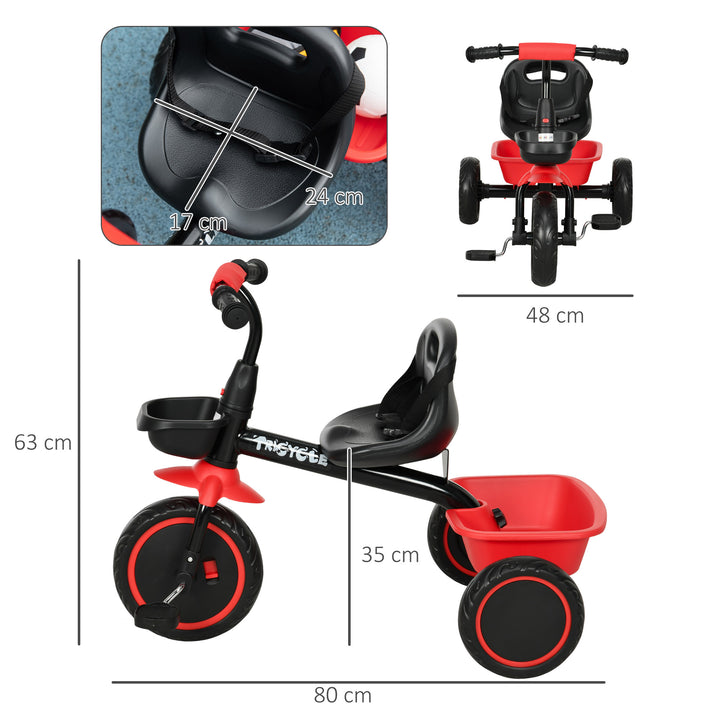 Børnetrecykel med hoftesele, 2 kurve, højdejusterbart sæde, metalstel, til børn 2-5 år, sort+rød