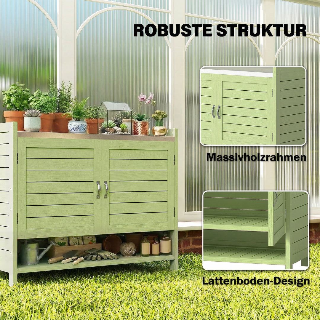 Plantebord med træunderskab, udendørs haveskab med galvaniseret bordplade, 3 hylder, 88x40x70,5 cm, grøn