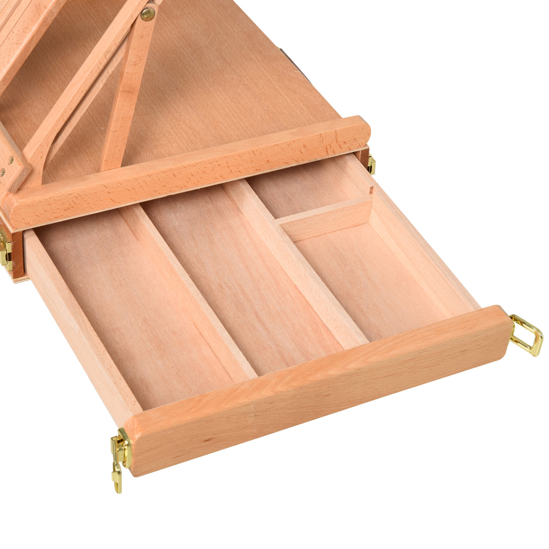 Staffeli, båreramme, kuffertstaffeli, studiestaffeli, vinkeljusterbart, foldbart med skuffe, naturligt bøgetræ, 42 x 36 x 12,5 cm