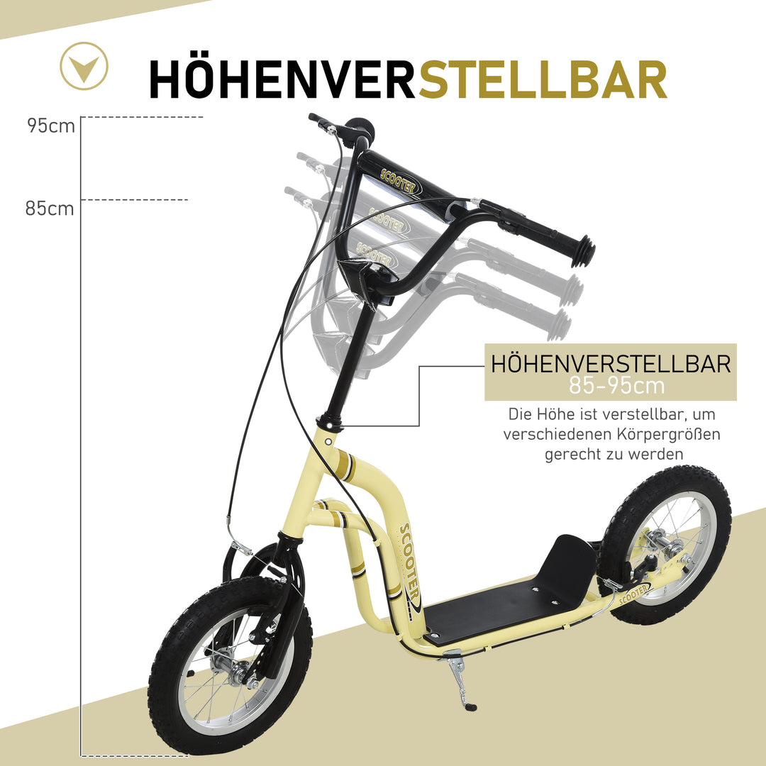 Børneløbehjul fra 5 år, løbehjul, city scooter, børne-sparkbræt med 12-tommer luftdæk, gummi, aluminium, beige, 120 x 58 x 85-95 cm