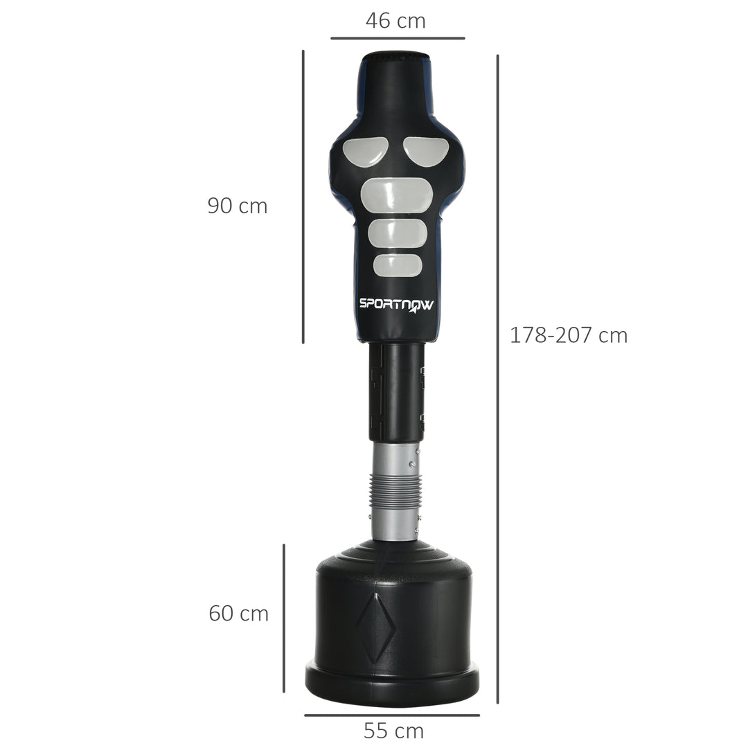 Boksedummy, fritstående, højdejusterbar, tung base, kunstlæder, sort+grå+blå, 55 x 55 x 178-207 cm