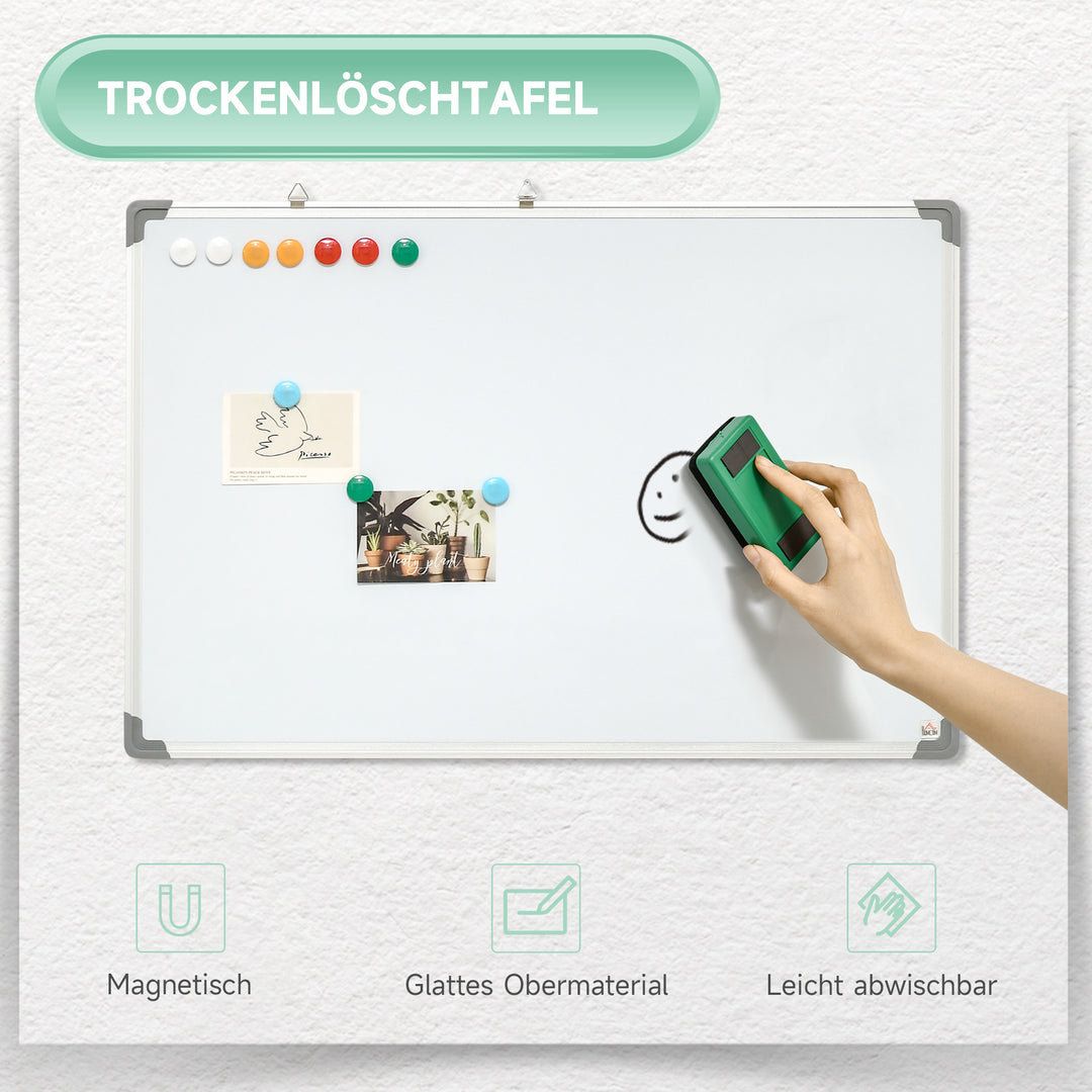 Whiteboard, magnettavle, memoboard, inklusive tilbehør: 4 tuscher, 1 viskelæder, 10 magneter, hvid + sølv