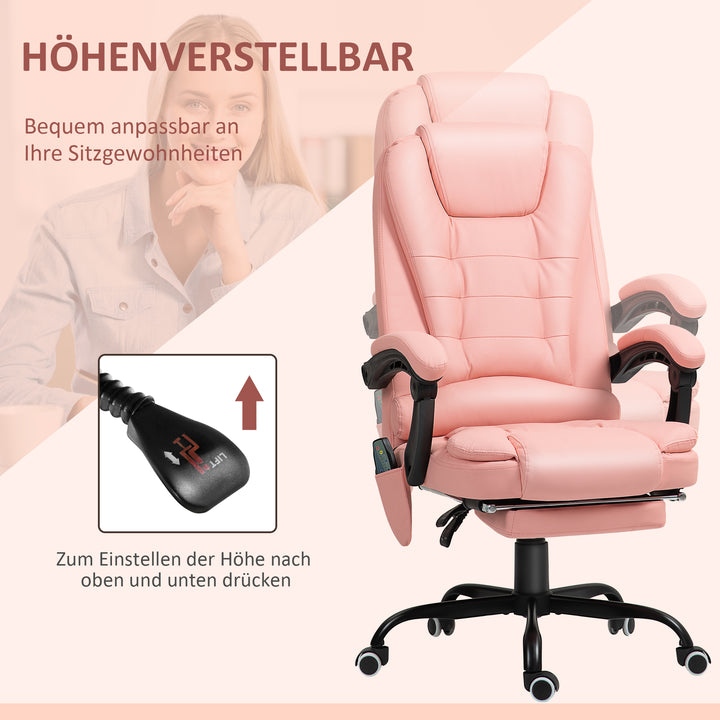 Massagekontorstol, 7 vibrationspunkter, justerbar fodstøtte og ryglæn, op til 120 kg, læderlook, pink