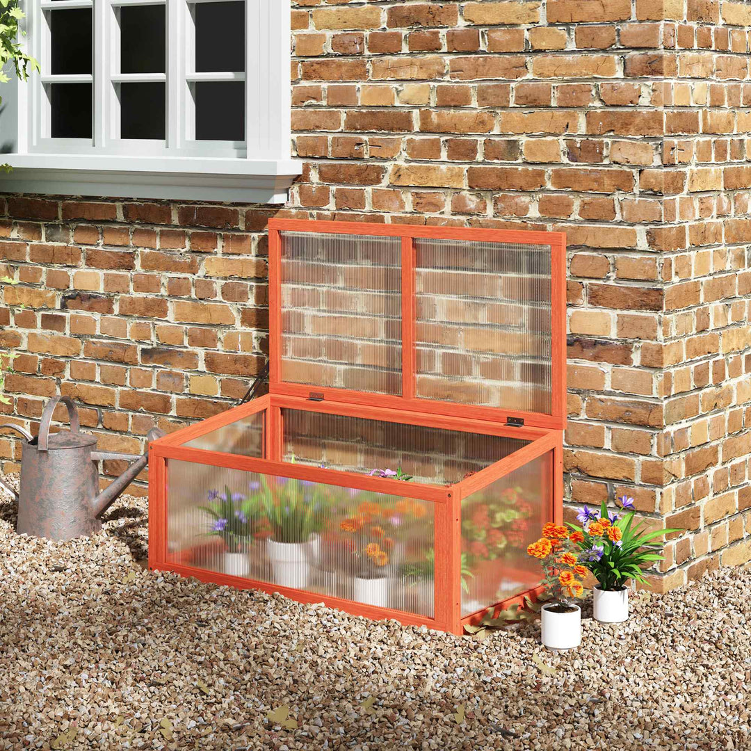 Koldramme-drivhus af træ og polycarbonat 90 x 46 x 40 cm drivhus med overdækning vejrbestandig koldrammekasse til haveplantebed orange