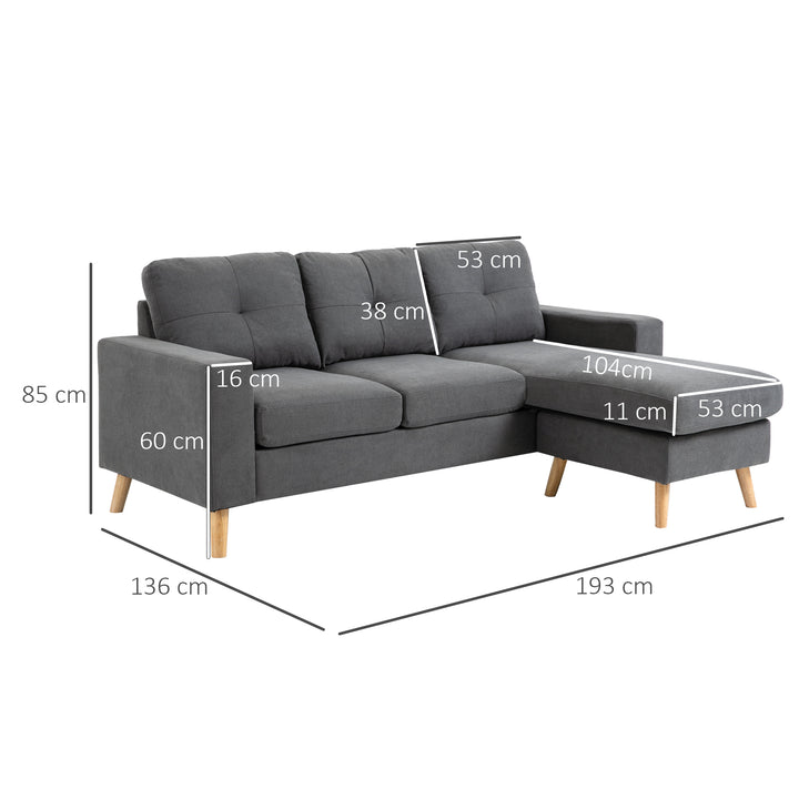 Hjørnesofa i skandinavisk design, med knapsyninger, massivt træ, linnedlook, grå