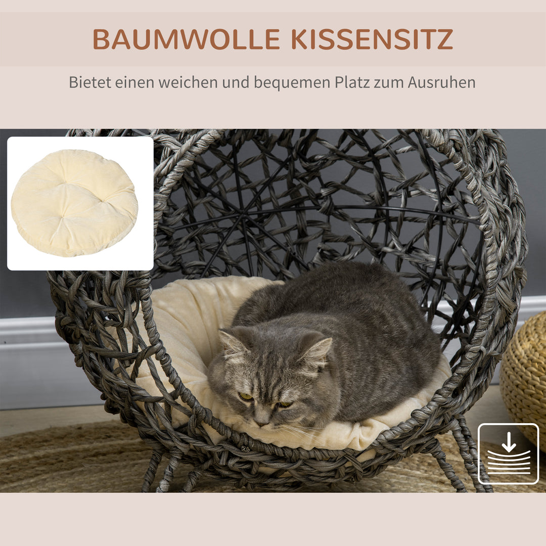Rattan kattehus med hynde, katteseng, kattehule med hævede fødder, sølvgrå, Ø52 x 58 cm