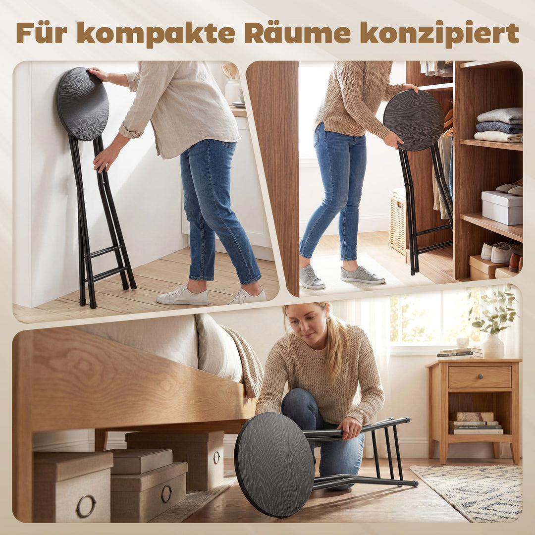 Sæt med 2 barstole, foldbare barstole med stålstel, køkkenstole med dobbelt fodstøtte, 34 x 30 x 70 cm, sort