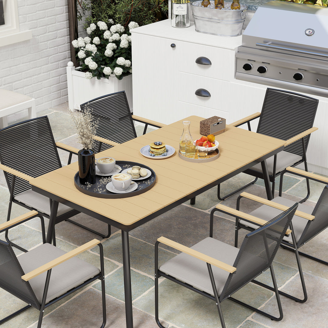 7-delt metal spisebordssæt til 6 personer, spisebord med 6 stole, spisebordssæt, naturtræ + sort