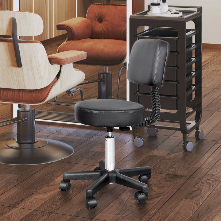 Højdejusterbar rulleskammel med ryglæn, drejeskammel 72-84 cm, 360° drejelig arbejdsskammel, kontorskammel til kontor, salon, massage, spa, sort