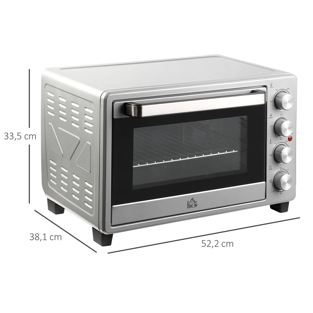 Miniovn 32l 100°c-230°c 1600 w miniovn med bageplade krummebakke grillrist og 3 tilberedningstilstande pizzaovn med timer bagepladehåndtag rustfrit stål sølv