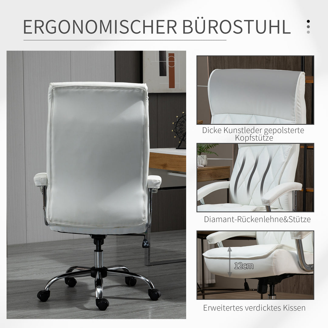 Kontorstol, ergonomisk skrivebordsstol, højdejusterbar drejestol med vippefunktion, diamantmønster, kunstlæder, polstret chefstol, hvid