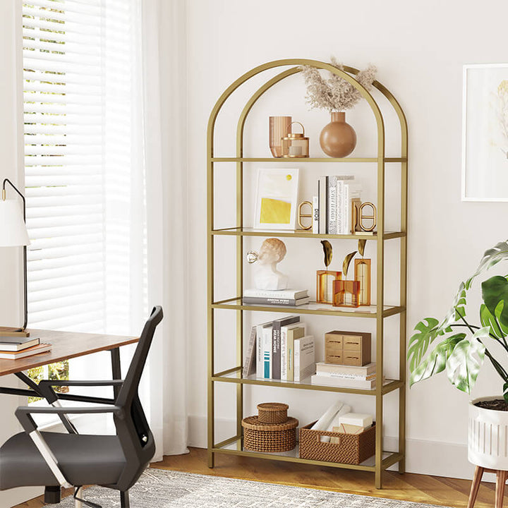 Metalreol med glashylder, 83x30x184 cm, farve: guld