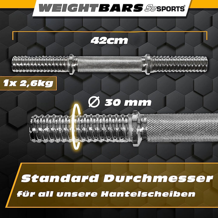 Håndvægtstang Single - 42cm, 30mm, Ergonomisk, Knurled, Forkromet, Gevind, Stjernelås, Sølv