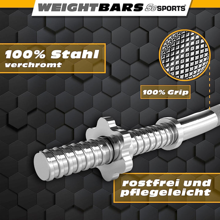 Håndvægtstang Single - 42cm, 30mm, Ergonomisk, Knurled, Forkromet, Gevind, Stjernelås, Sølv