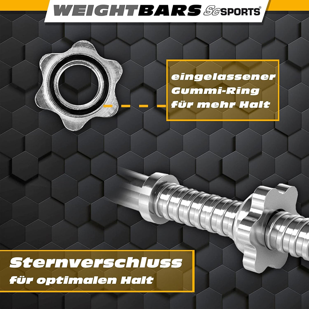 Håndvægtstang Single - 42cm, 30mm, Ergonomisk, Knurled, Forkromet, Gevind, Stjernelås, Sølv