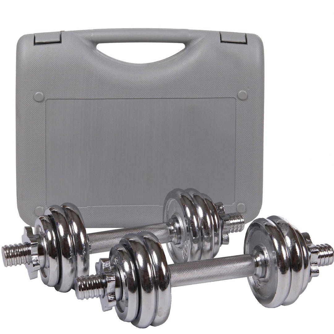 Håndvægte, 2-sæt, 15 kg, kuffert med 12 vægte (8x1 kg og 4x0,5 kg), Ø 30/31 mm, støbejern, forkromet