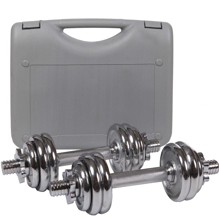 Håndvægte, 2-sæt, 15 kg, kuffert med 12 vægte (8x1 kg og 4x0,5 kg), Ø 30/31 mm, støbejern, forkromet