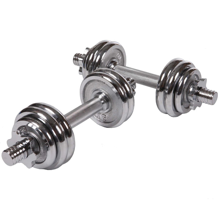 Håndvægte, 2-sæt, 15 kg, kuffert med 12 vægte (8x1 kg og 4x0,5 kg), Ø 30/31 mm, støbejern, forkromet
