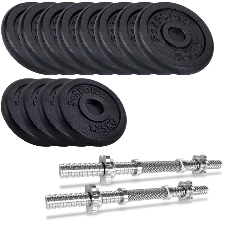 Håndvægte - sæt med 2, 30 kg, 2 håndvægtstænger, stål, vægte 8x2,5/4x1,25 kg, 30 mm, støbejern, stjernelås
