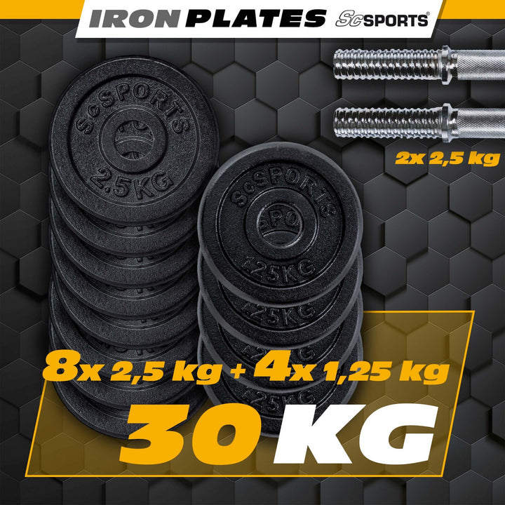 Håndvægte - sæt med 2, 30 kg, 2 håndvægtstænger, stål, vægte 8x2,5/4x1,25 kg, 30 mm, støbejern, stjernelås
