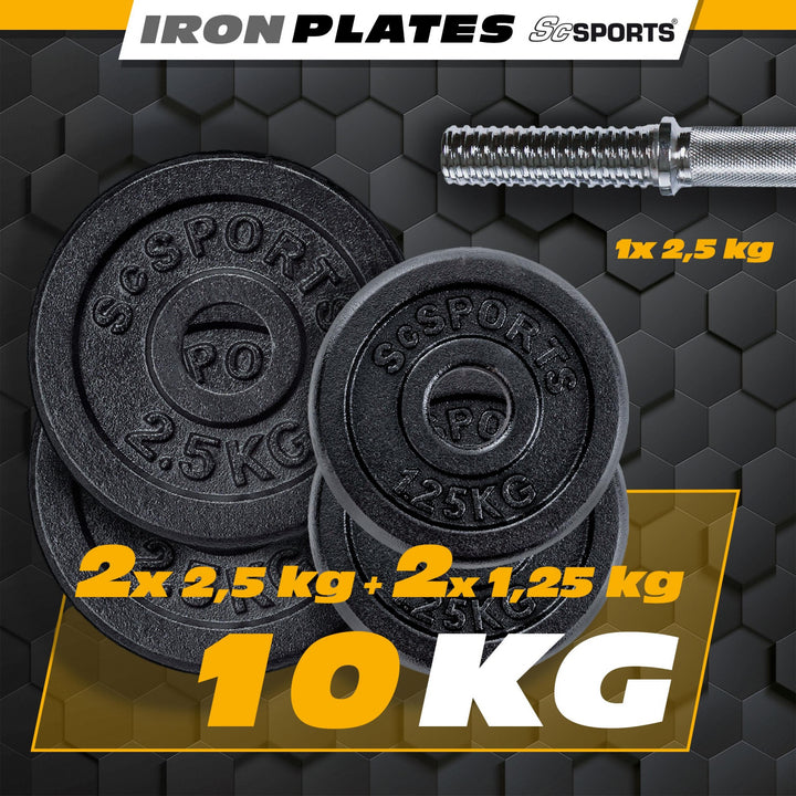 Håndvægtsæt, 10 kg, vægte (2x2,5 kg og 2x1,25 kg), Ø 30/31 mm, støbejern