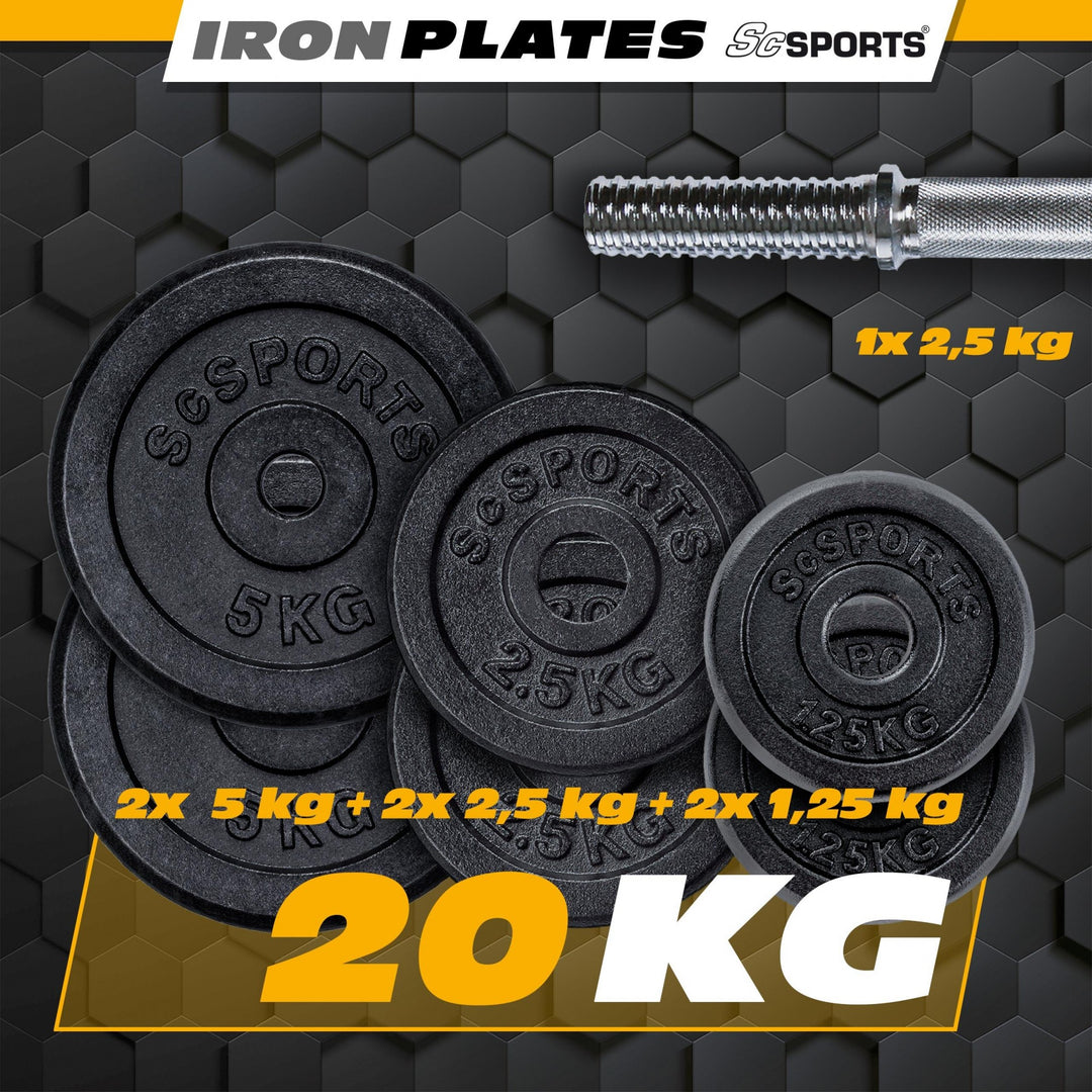 Håndvægtsæt - 20 kg, vægtstang, vægt 2x2,5/2x1,25/2x5kg, 30mm, støbejern, gevind, stjernelukning