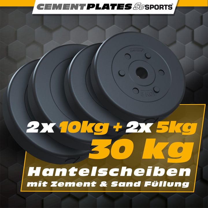 Vægtskiver - Sæt 30 kg (2 x 5 kg, 2 x 10 kg), Ø 30/31 mm, Cement, Plast