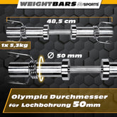 Olympisk håndvægtstang - enkelt, 50mm, ergonomisk, rillet, krom, uden gevind, fjederlås, sølv