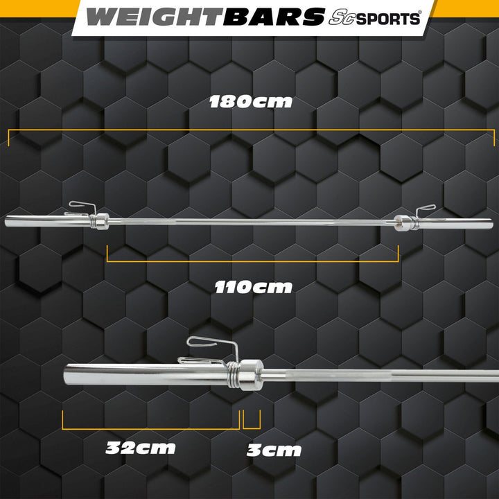 Træningsstang - 180cm, 50mm, op til 250kg, Stål, Forkromet, fjederlås