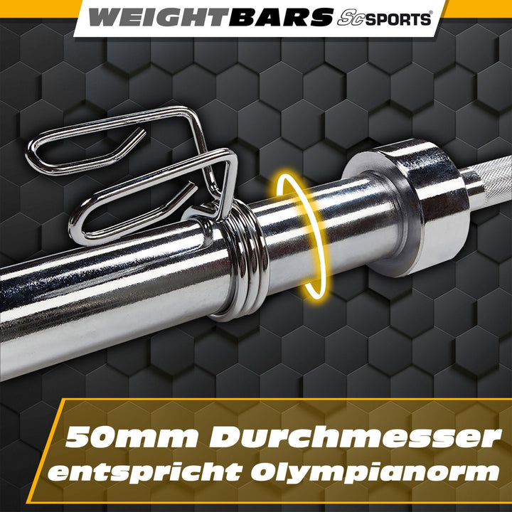 Træningsstang - 180cm, 50mm, op til 250kg, Stål, Forkromet, fjederlås
