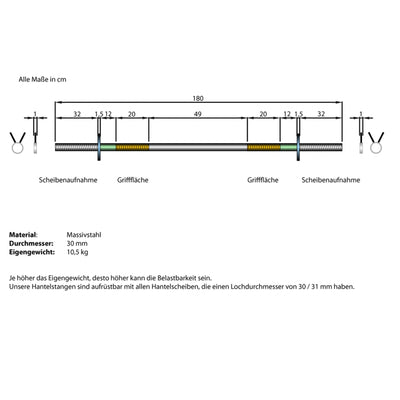 Langhantelstange - 180 cm, 30mm, bis 150kg, Stahl, Verchromt, Federverschluss