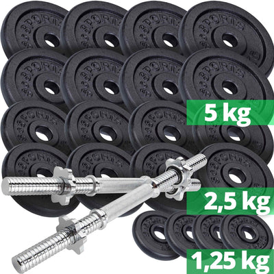 Håndvægtssæt - 70 kg, vægtskiver: 8x5 kg, 8x2,5 kg og 4x1,25 kg