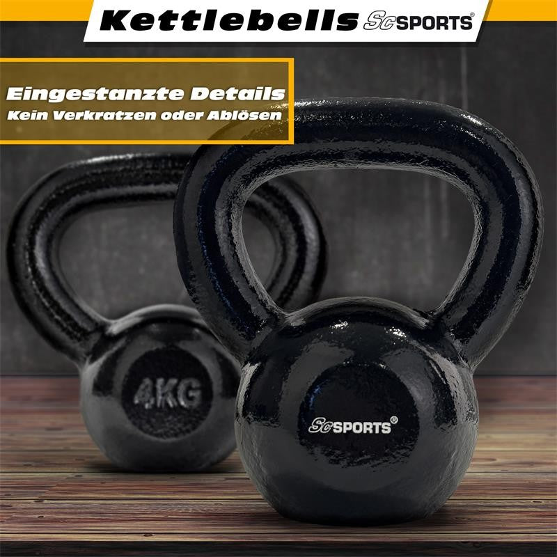 Kettlebell - 4 kg, støbejern, sort