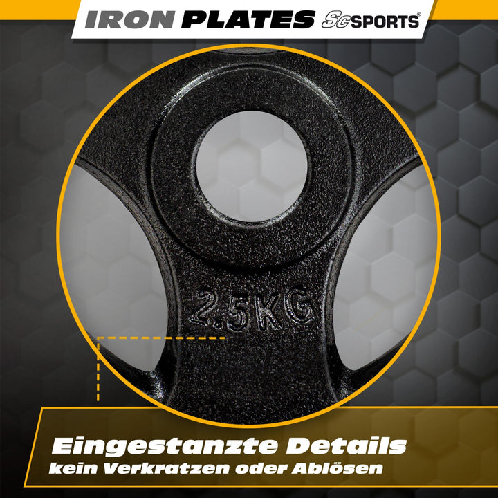 Vægtskiver - 10 kg sæt, 30 mm boring, tri-grip, støbejern, sort