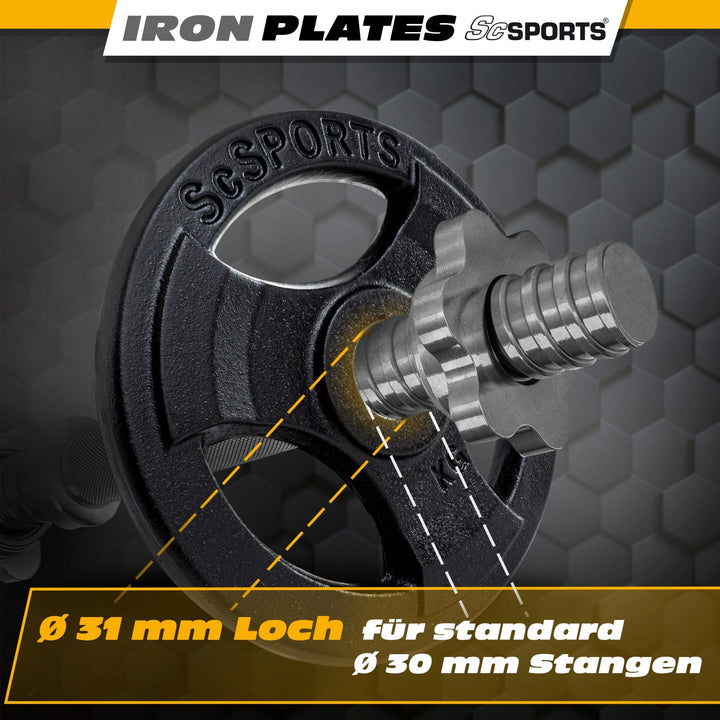 Vægtskiver - 10 kg sæt, 30 mm boring, tri-grip, støbejern, sort