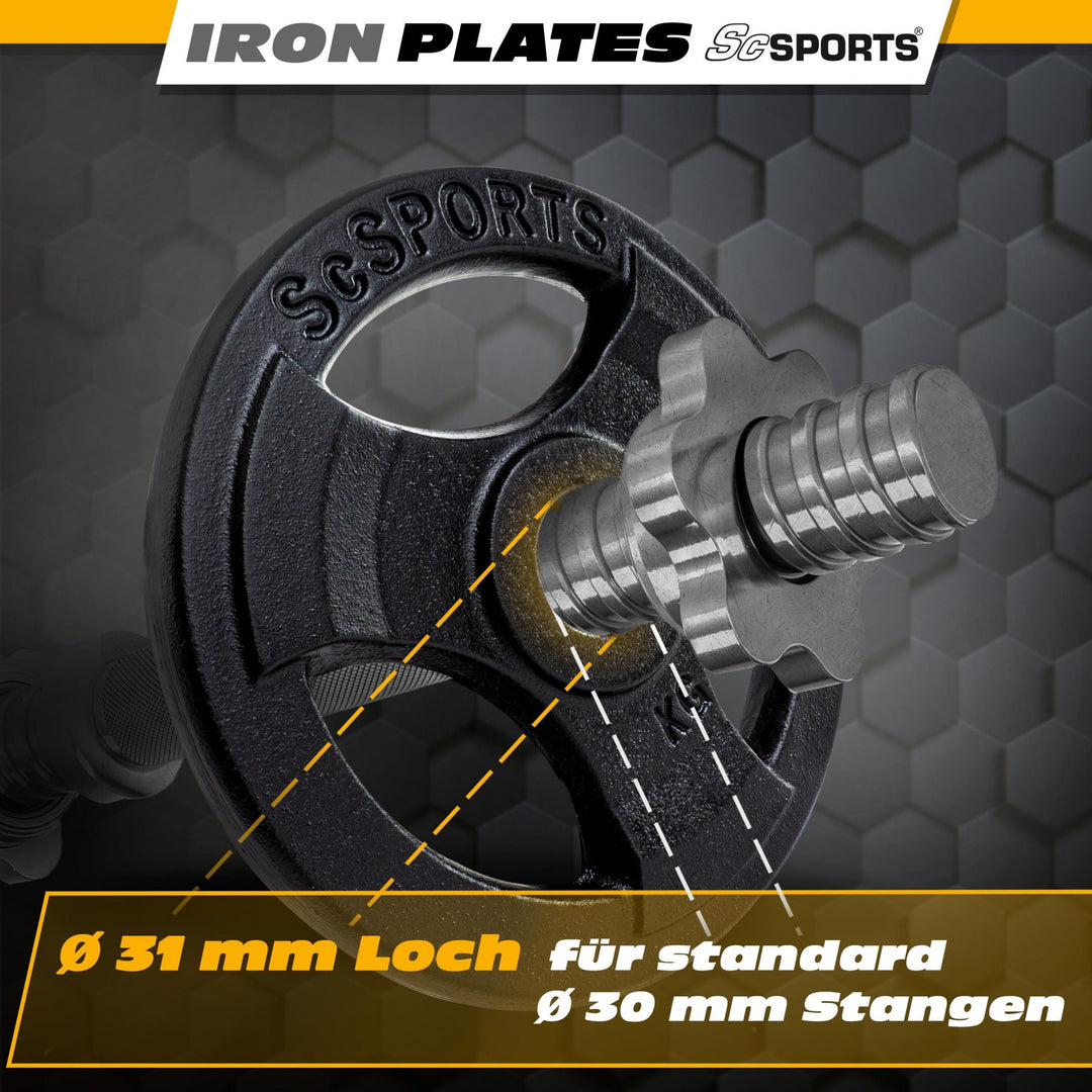 Vægtskiver - 10 kg sæt, 30 mm boring, tri-grip, støbejern, sort