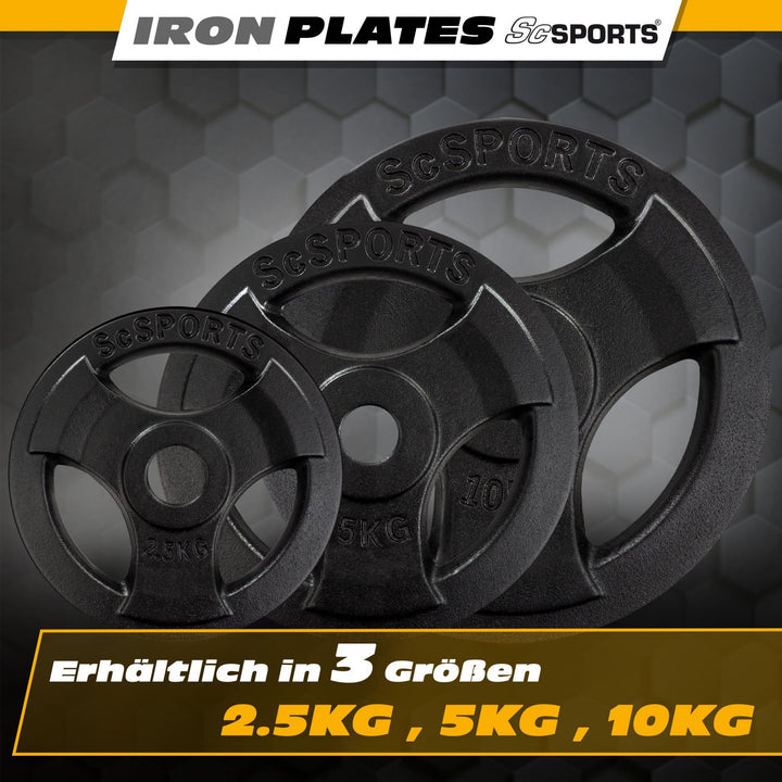 Vægtskiver - 10 kg sæt, 30 mm boring, tri-grip, støbejern, sort