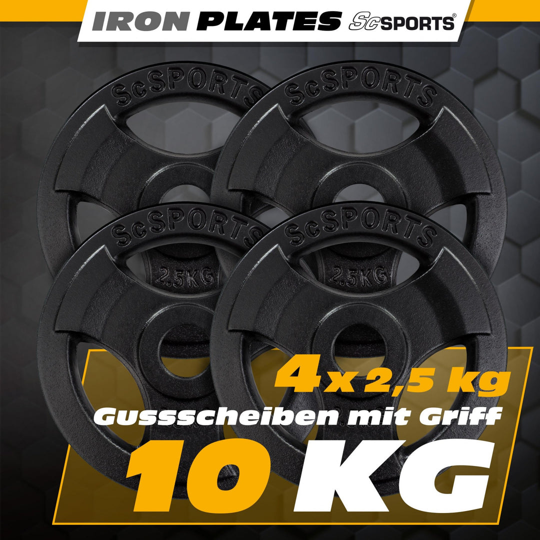 Vægtskiver - 10 kg sæt, 30 mm boring, tri-grip, støbejern, sort