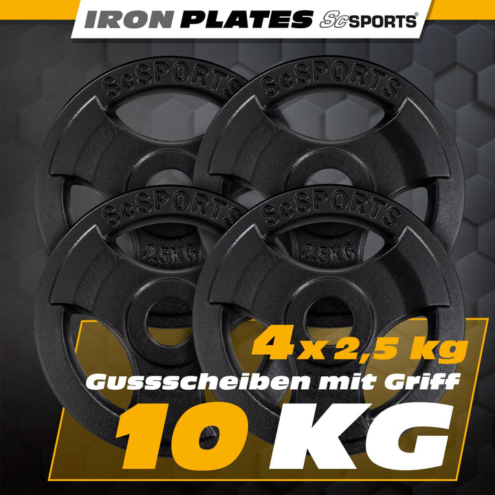 Vægtskiver - 10 kg sæt, 30 mm boring, tri-grip, støbejern, sort
