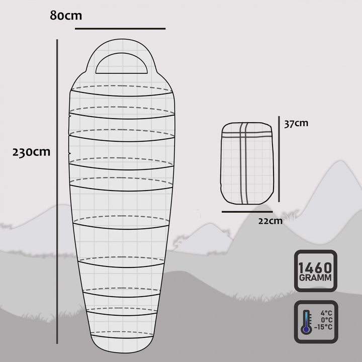 Sovepose - 3 sæsoner, op til 5 grader, 225 cm, Vandtæt, Varm, 2-vejs lynlås, blå