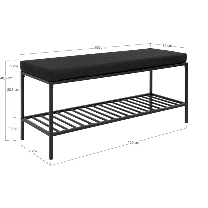 Vita Bænk - Bænk med hylde og hynde, sort med sorte ben, 100x36x48,5 cm