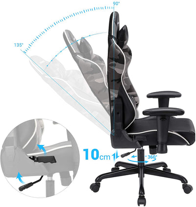 Spillestol, kontorstol med høj ryglæn, computerstol, racerstol, polstret sæde, nakkestøtte og lændehynde justerbar, til kontoret, studiet, sort camouflage farver - Lammeuld.dk
