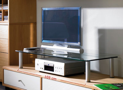 Tv-bord i glas "Felino-Maxi", H. 30 x B. 105 x D. 42 cm, sølv og glas