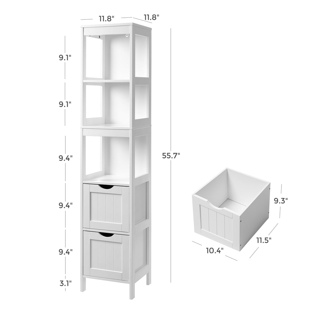 Høj skab til badeværelse, gulvopbevaring skab, med 2 skuffer og 3 åbne hylder, 30 x 30 x 141,5 cm, til badeværelse, stue, køkken, hvid - Lammeuld.dk