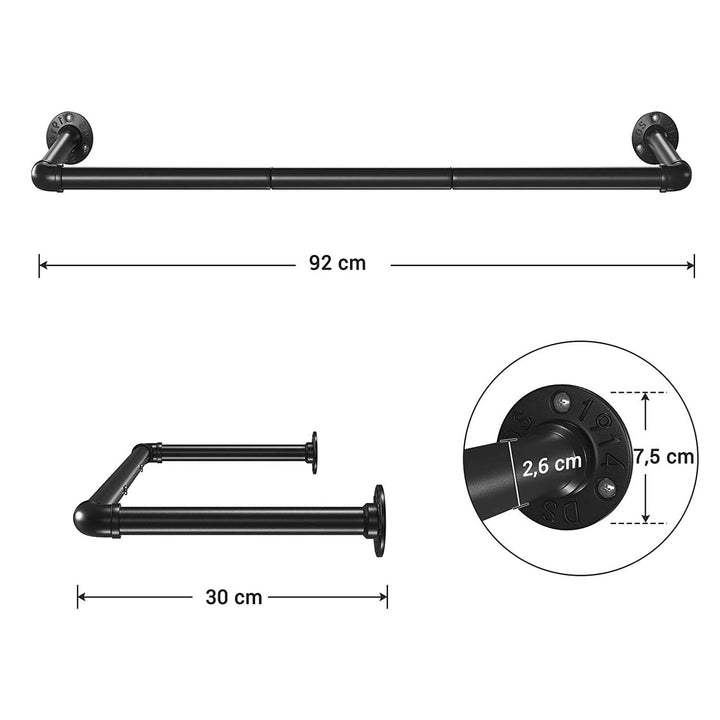 2 stk. vægmonteret bøjlestang i vandrør-look, max 50 kg, 92x30x7,5 cm, sort