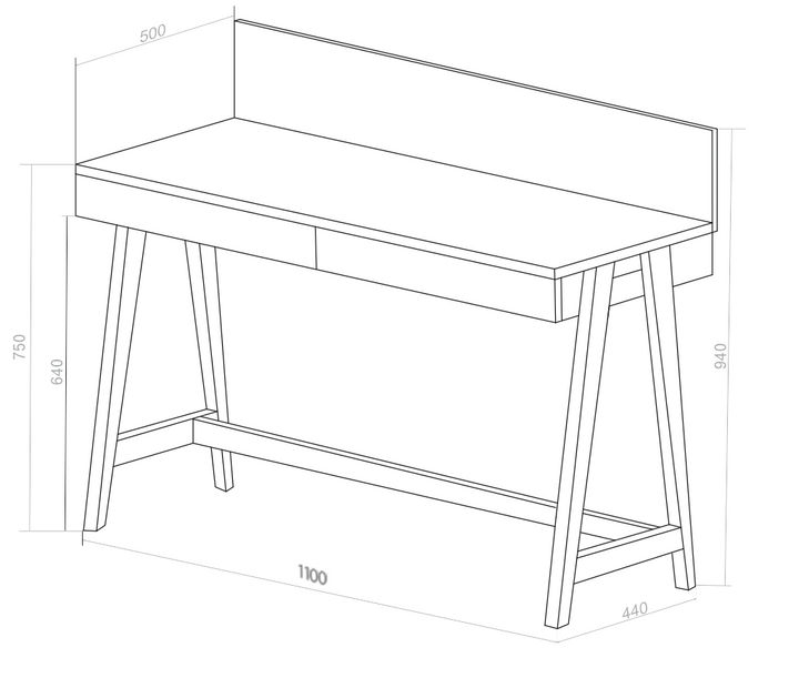 LUKA Asketræ Skrivebord 110x50cm med Skuffe / Mørkegrå