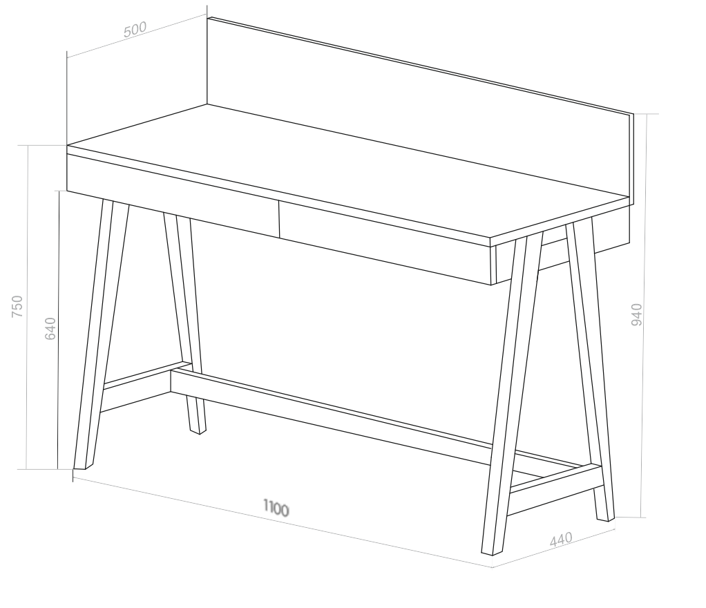 LUKA Asketræ Skrivebord 110x50cm med Skuffe / Rød