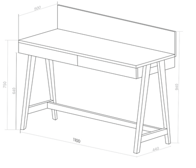 LUKA Asketræ Skrivebord 110x50cm med Skuffe / Marineblå