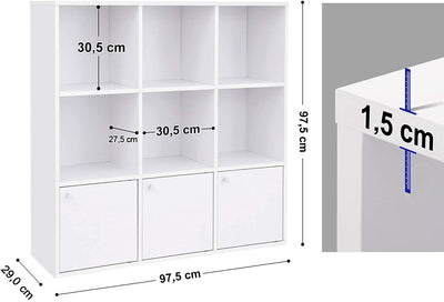 Træopbevaringsreol, display eller hylde til hjemmet eller kontoret, fritstående terningsenhed DVD-reol boghylde med 3 bundskabe, hvid - Lammeuld.dk